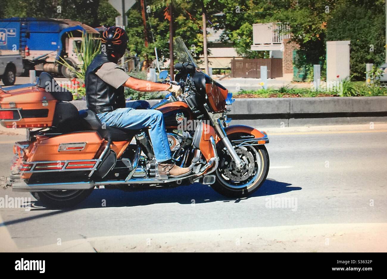 Motorcycle rider, cycler, street,orange Stock Photo