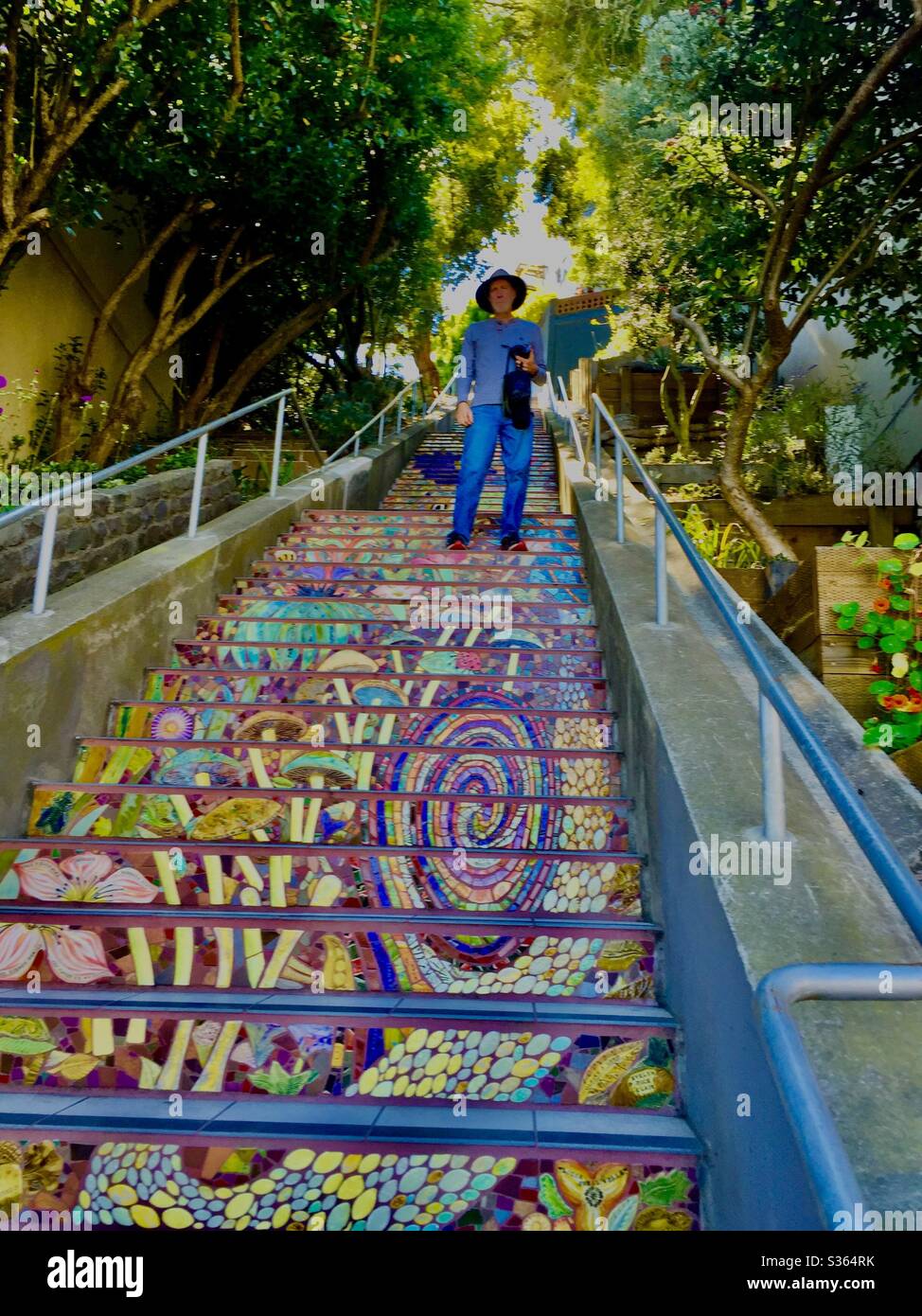 Man on hidden stairs San Francisco - Smartphone Captured Stock Image