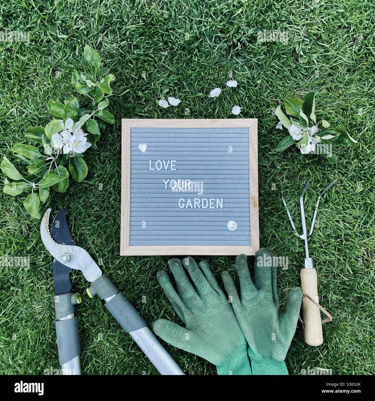 Love your garden. Gardening concept with felt letter board, handheld prune, dirty gloves and a pruned branch with blossom from an apple tree on a green lawn - Smartphone Captured Stock Image