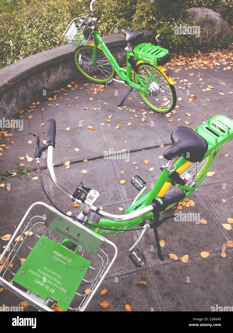 Two green Lyme bicycles in Seattle - Smartphone Captured Stock Image
