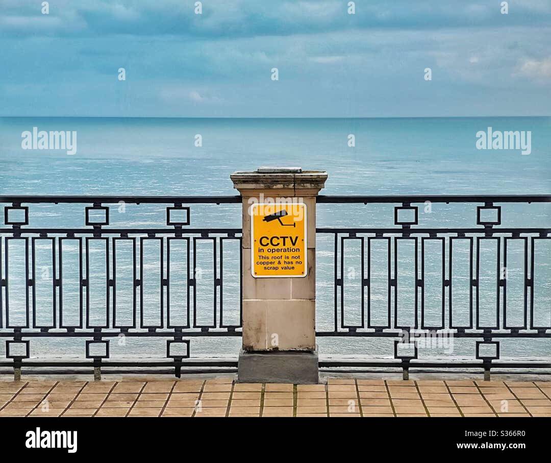 CCTV sign, seafront, Folkestone, Kent, Uk - Smartphone Captured Stock Image
