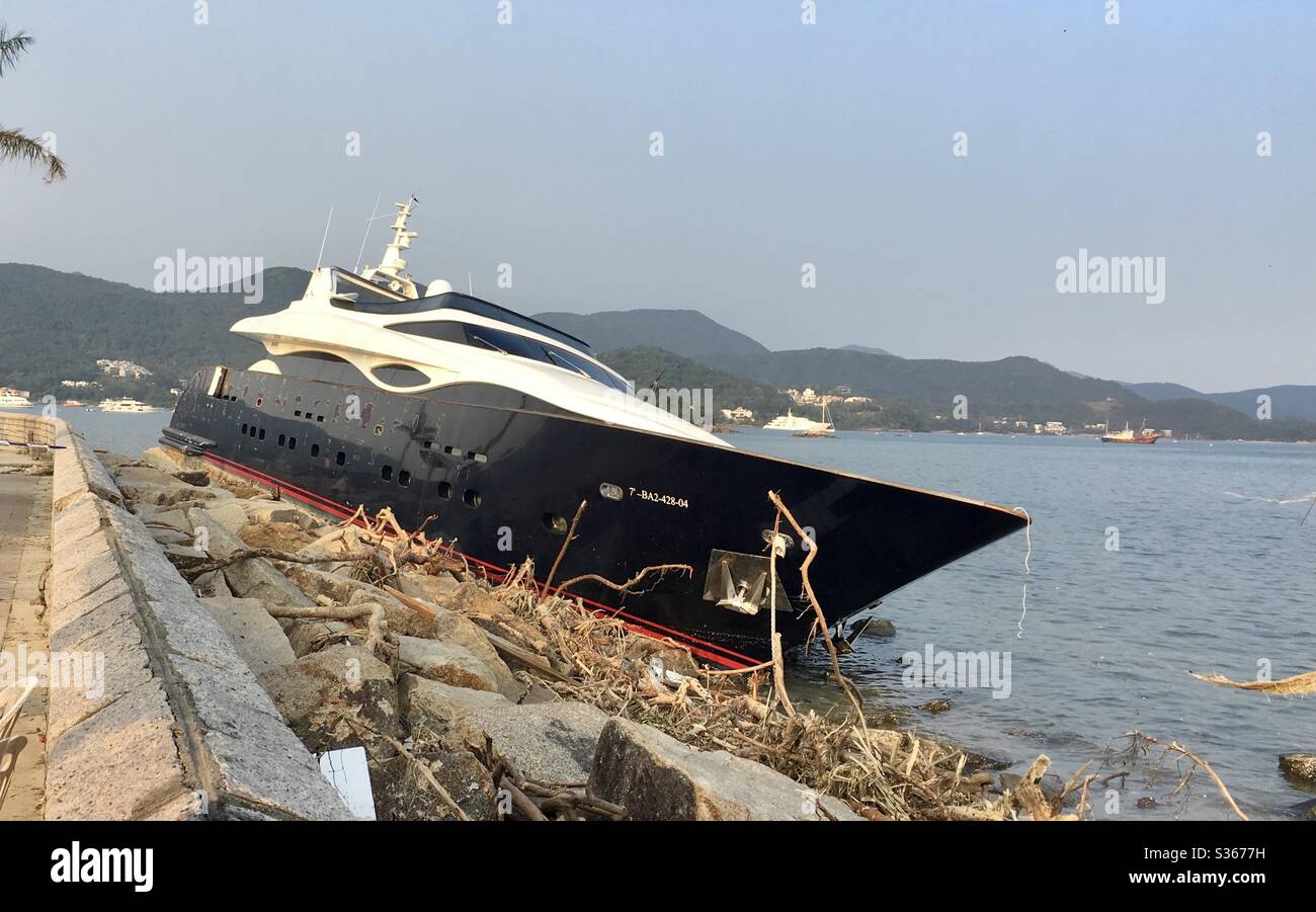 Super Yacht washed ashore in Sai Kung, Hong Kong during  Super Typhoon Mangkhut 2018. Stock Photo