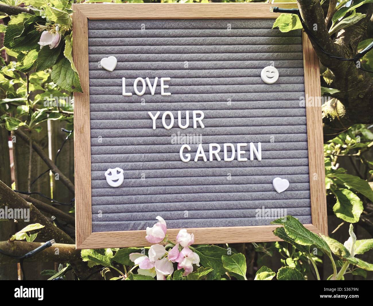 Love your garden. Gardening concept with felt letter board in the branches of an dwarf apple tree with blossom flowers and green foliage. Selective focus view with blurry background and copy space. - Smartphone Captured Stock Image