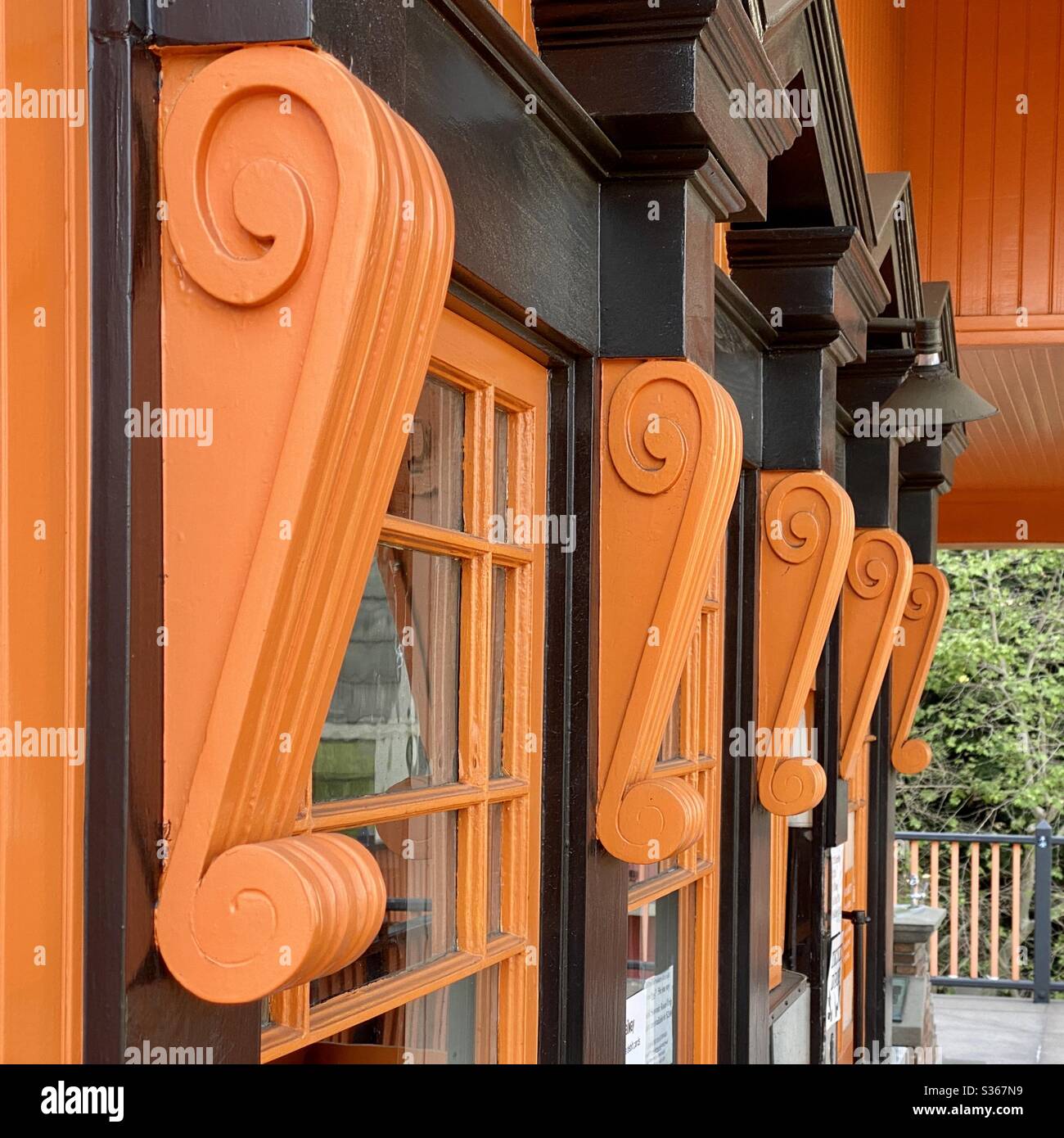 LOS ANGELES, CA, APR 2020: detail of ticket office windows at bright orange Angel's Flight funicular railway station in Downtown - Smartphone Captured Stock Image
