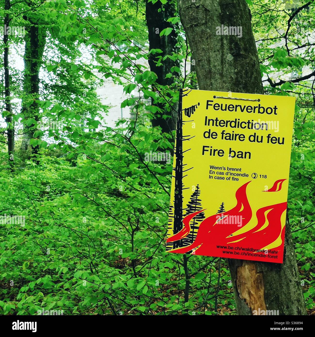 Sign in Swiss forest banning open fires during drought - Smartphone Captured Stock Image