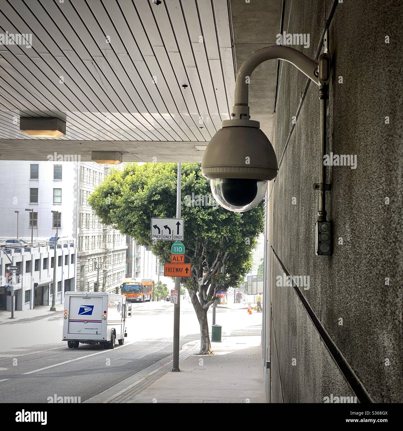 LOS ANGELES, CA, APR 2020 security camera on wall with US Post Office