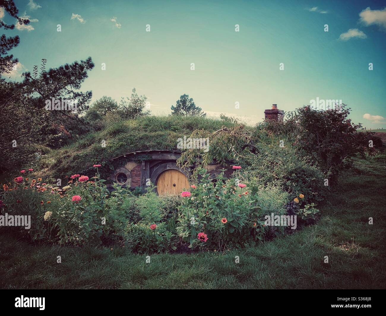 Hobbiton. Bucolic place in New Zealand where the hobbits from the Middle Earth live. Lord of the rings movie set. Stock Photo