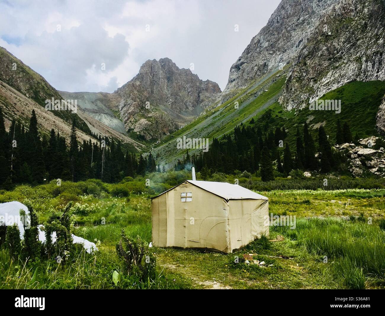 A small living tent in a valley, Karakol, Kyrgyzstan. Stock Photo