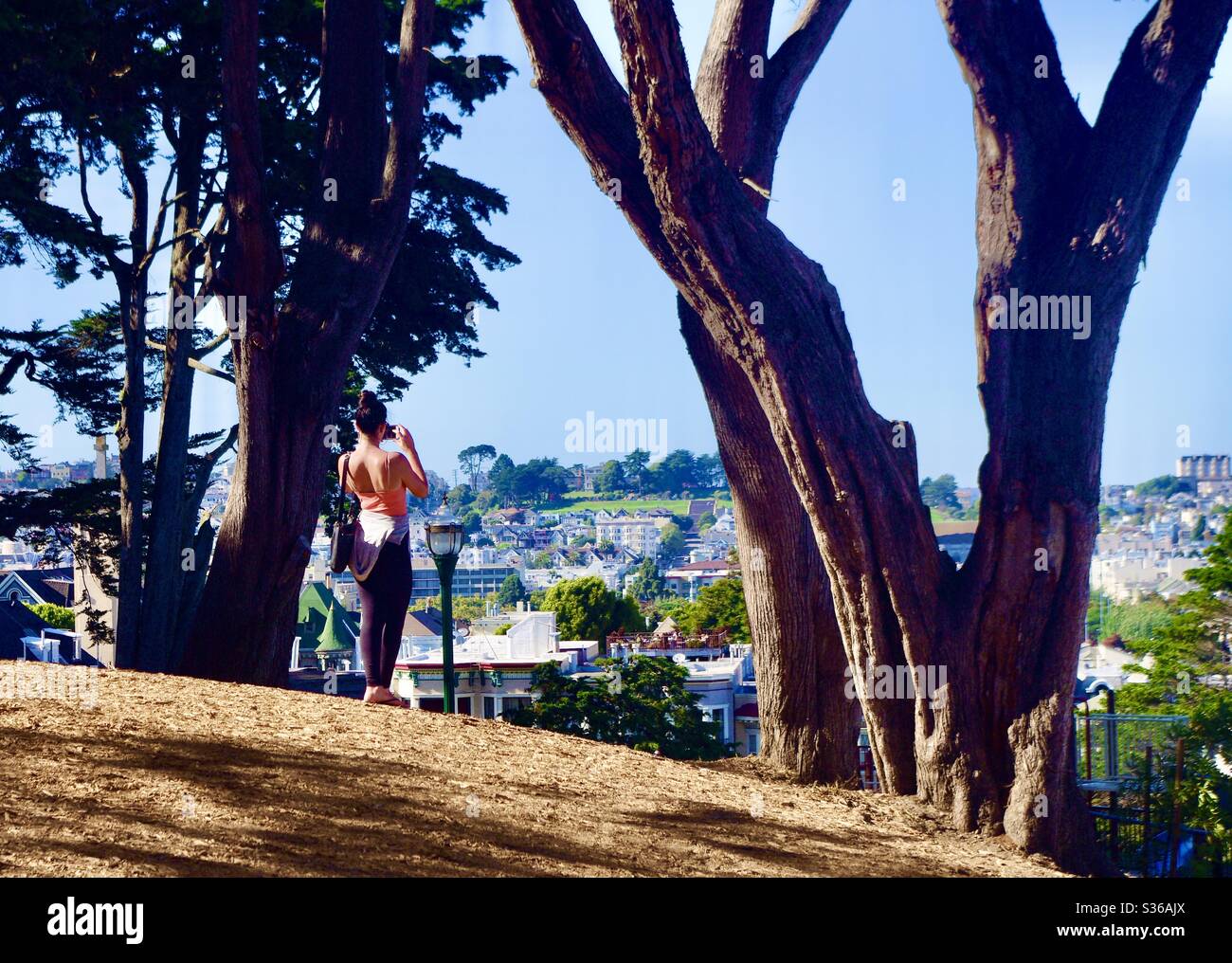 Woman on hill overlooking San Francisco - Smartphone Captured Stock Image