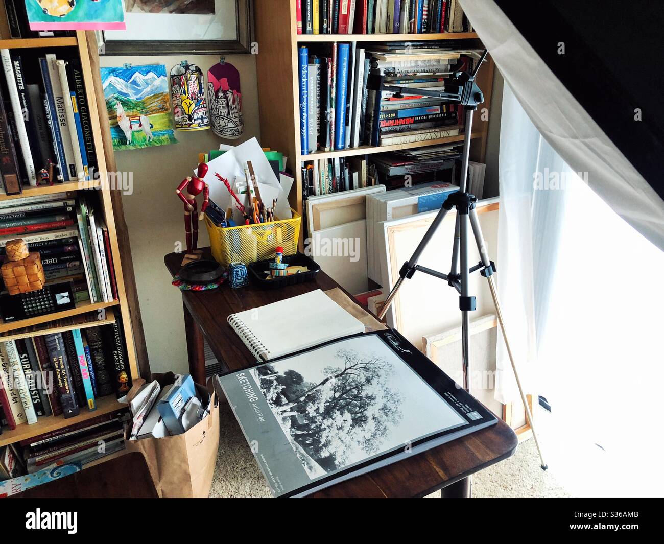 Art lessons recording setup at home of an art teacher during covid19 quarantine and distance learning - Smartphone Captured Stock Image