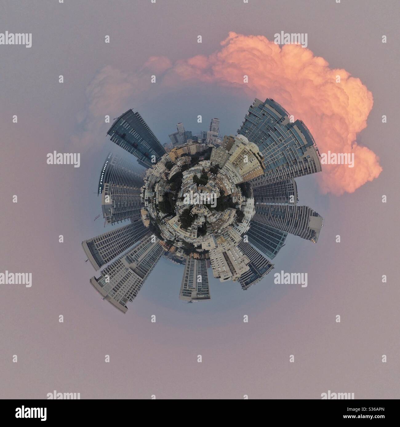 Tiny planet of Tel Aviv skyline at dusk - Smartphone Captured Stock Image Tiny planet of Tel Aviv skyline at dusk - Smartphone Captured Stock Image