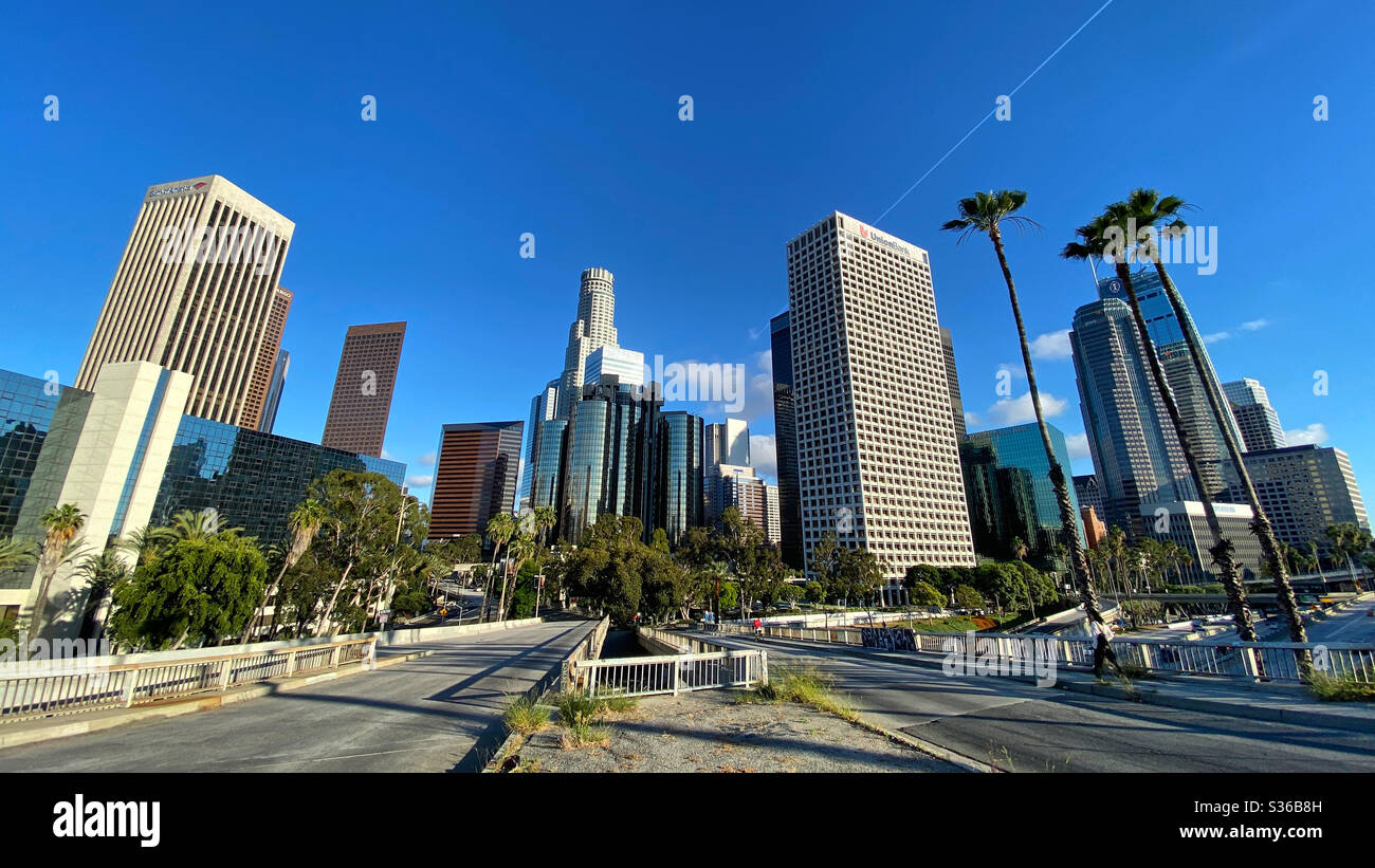 LOS ANGELES, CA, MAY 2020: Downtown skyline seen from the west side, looking across the CA-110 freeway - Smartphone Captured Stock Image
