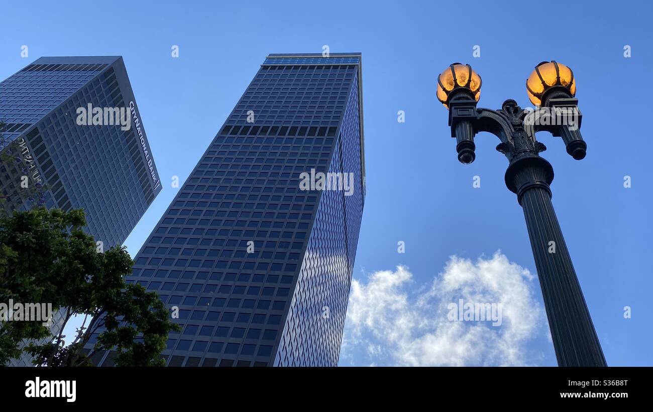 LOS ANGELES, CA, MAY 2020 looking up at twin skyscrapers at National