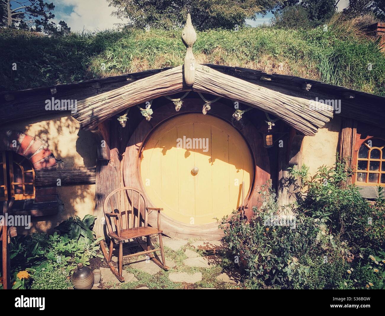 Hobbiton. Bucolic place in New Zealand where the hobbits from the Middle Earth live. Lord of the rings movie set Stock Photo