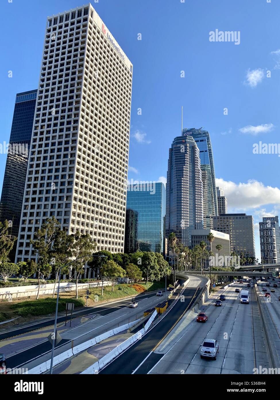 LOS ANGELES, CA, MAY 2020: Downtown, looking south across the CA-110 freeway, Union Bank on left, other skyscrapers, hotels, banks, and office buildings in background - Smartphone Captured Stock Image