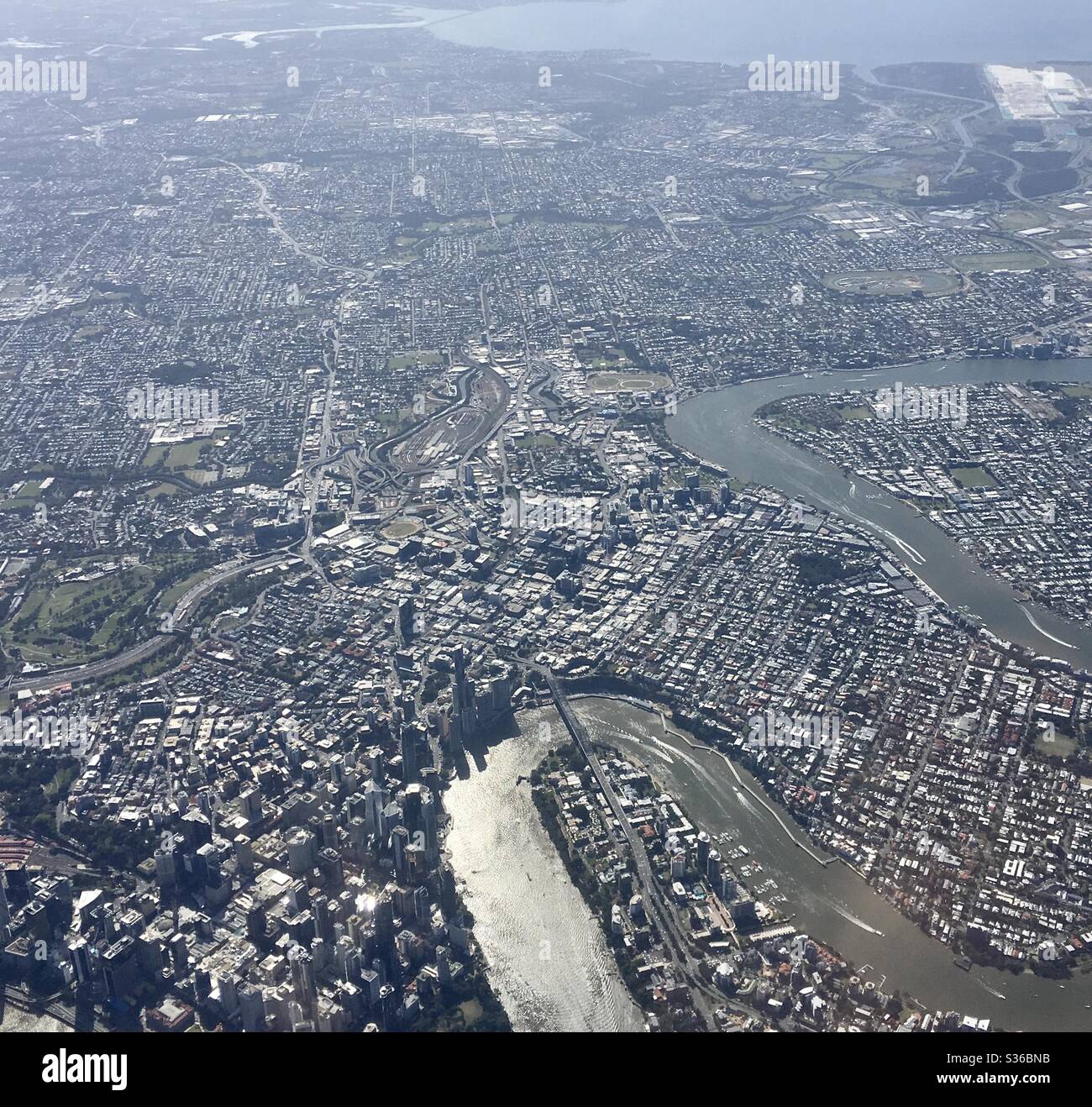 Aerial image of Brisbane City, Brisbane River, Kangaroo Point, New Farm, Queensland, Australia Stock Photo