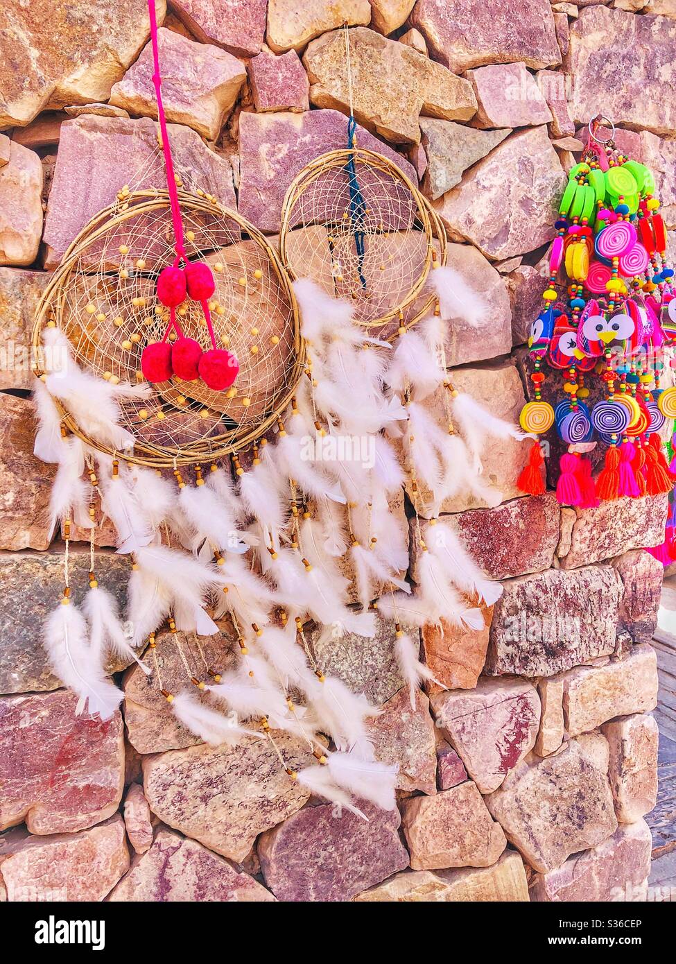 Local handicrafts sold as souvenirs in a Northern Argentinian desert town, Purmamarca. Stock Photo