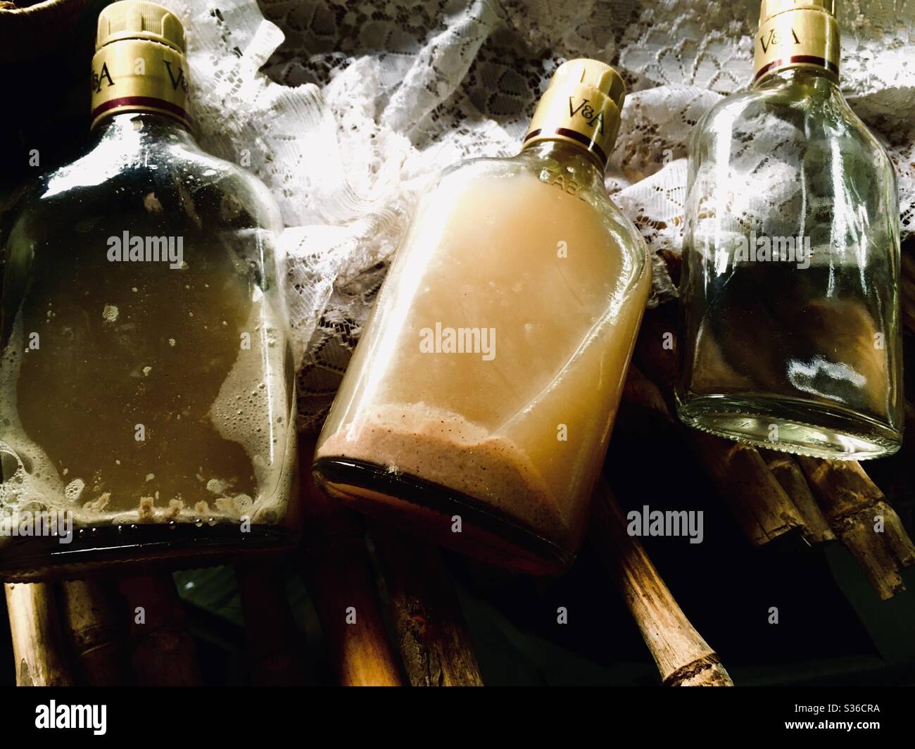 Banana distilled spirit made in Uganda. (From left to right banana