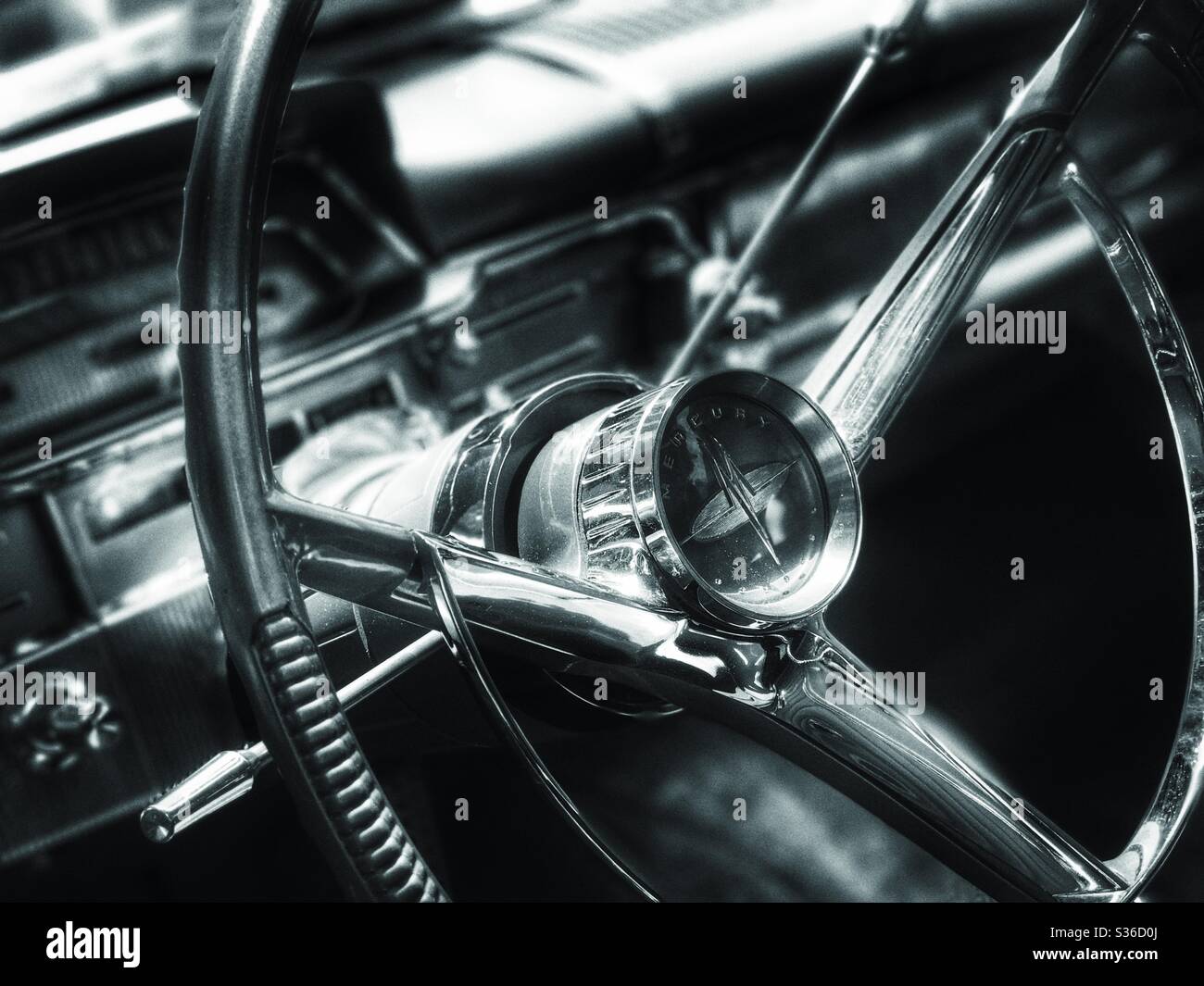 Vintage Mercury automobile steering wheel in black and white Stock Photo