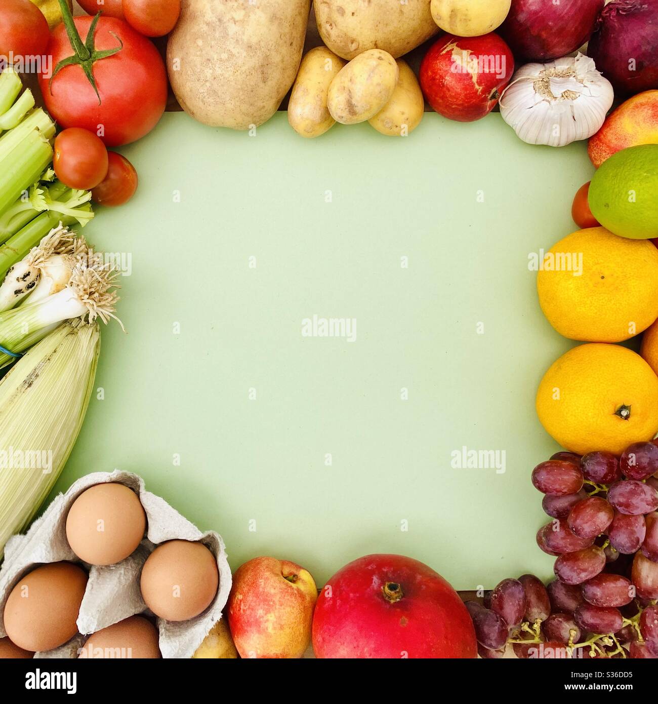 Vibrant and colorful fruit and vegetables create a square frame with copy space against a pastel green background. Fresh and organic food from a local farmers market. - Smartphone Captured Stock Image