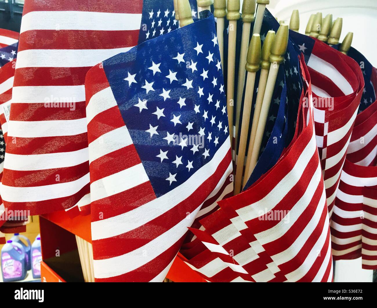Retail display of American flags for sale before memorial day, 2020, USA Stock Photo Alamy