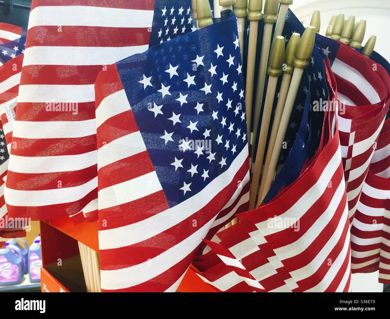 Retail display of American flags for sale, memorial day 2020, USA Stock