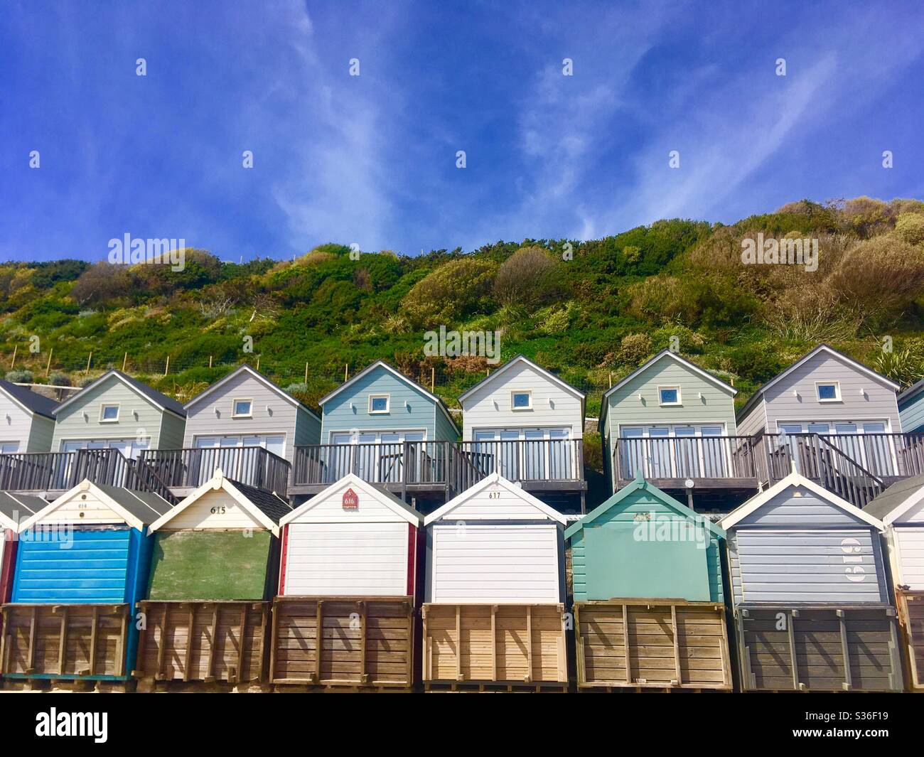 Bournemouth Beach Lodges, beside the promenade between Boscombe and Southbourne , Dorset, UK Stock Photo