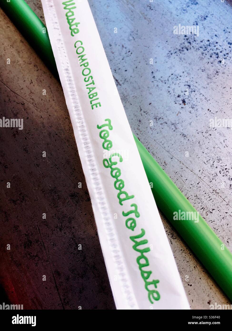 Compostable PL a green straw - Smartphone Captured Stock Image