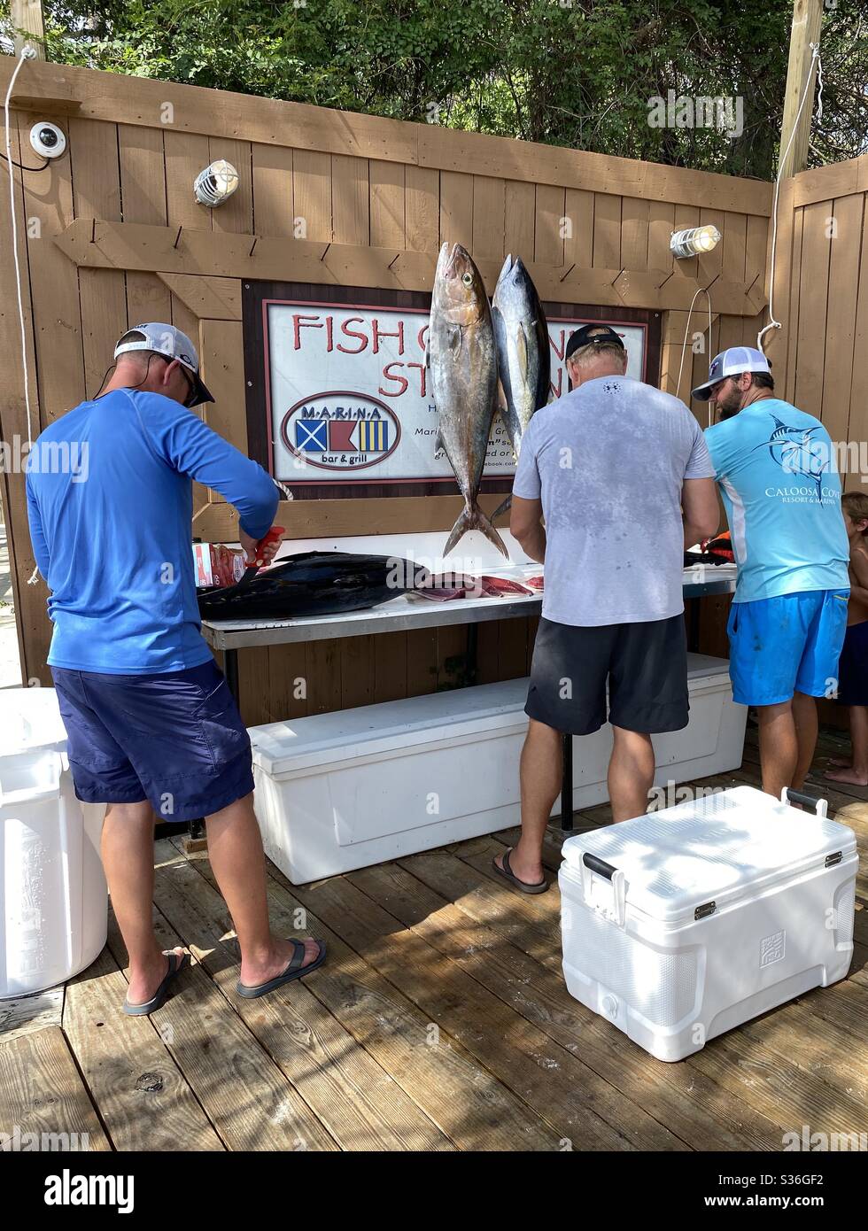 Fishermen cleaning their catch of the day at a fish station - Smartphone Captured Stock Image