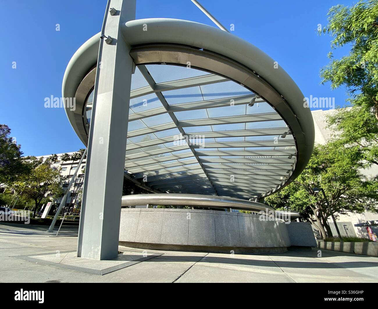 LOS ANGELES, CA, MAY 2020: wide angle view, entrance to the LA Metro Station, red and purple lines, at Civic Center, next to Grand Park in Downtown - Smartphone Captured Stock Image