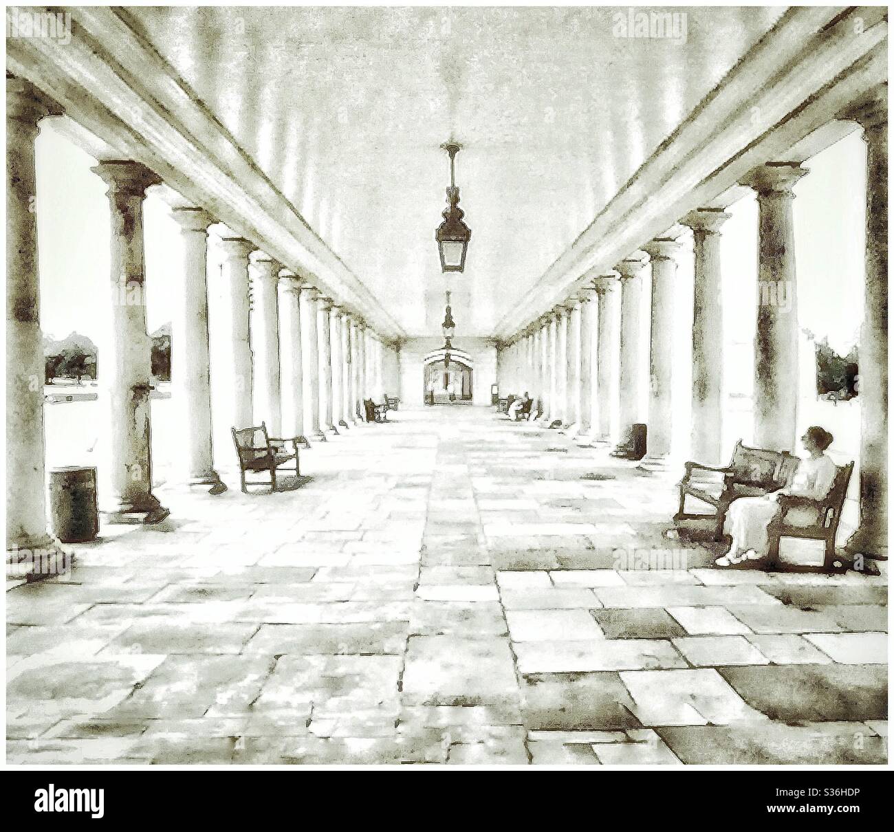 A seated woman admires the architecture of the Queens House, Greenwich London. - Smartphone Captured Stock Image
