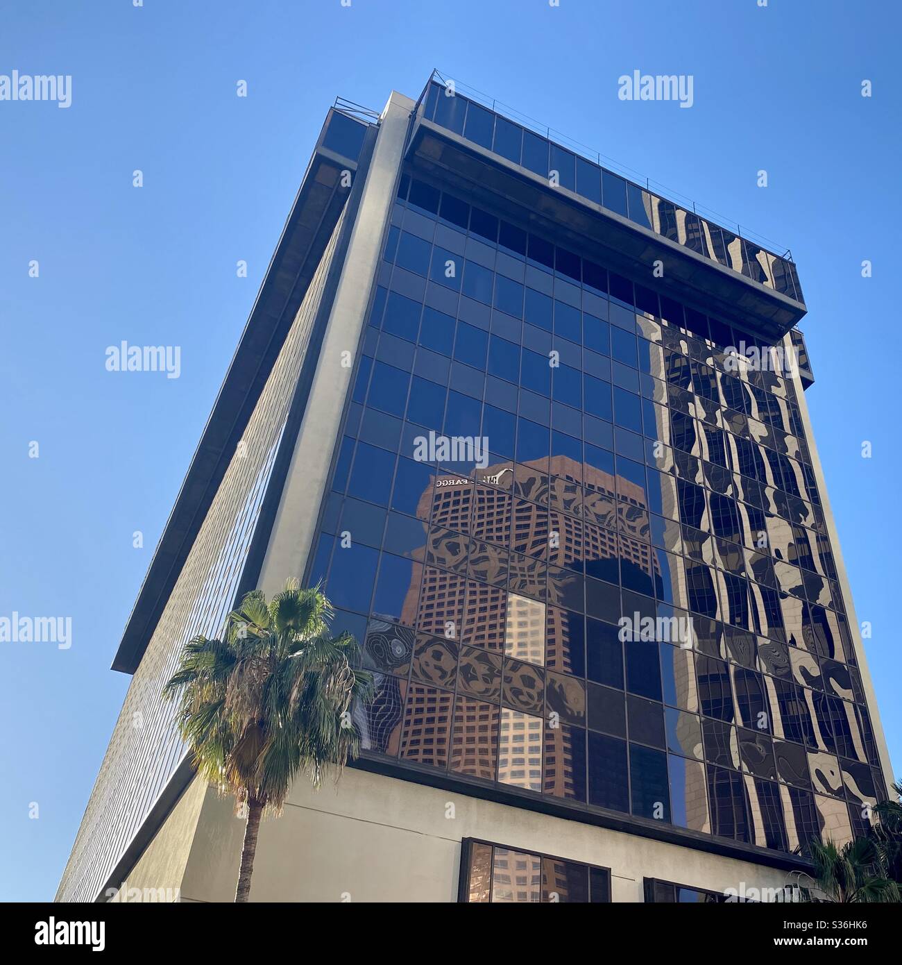 LOS ANGELES, CA, MAY 2020: looking up at glass-windowed tower of World Trade Center in Downtown - Smartphone Captured Stock Image