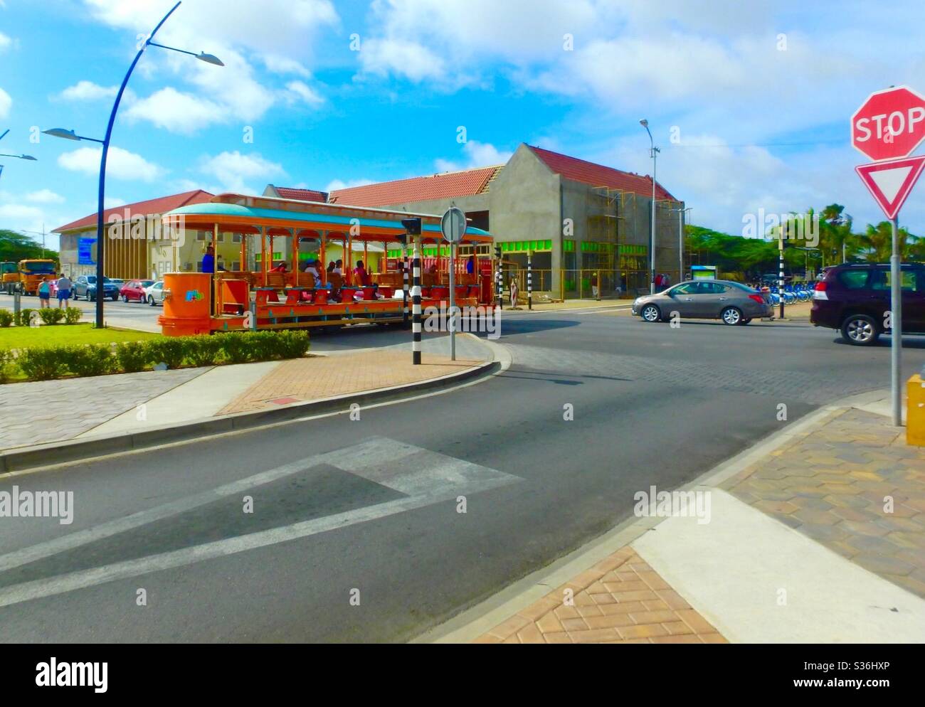 Trolley train on road in tourist corridor in Aruba Stock Photo Alamy