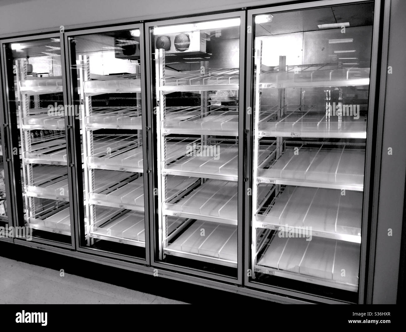 Empty refrigerator shelves at grocery store Stock Photo