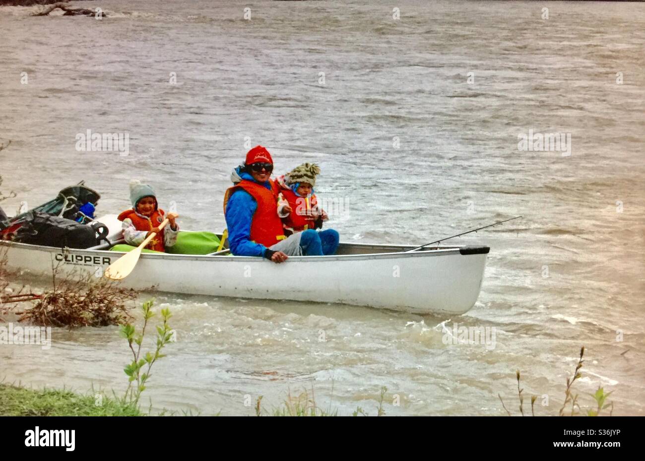 Family boating, adventure, Bow River, Calgary,Alberta Stock Photo