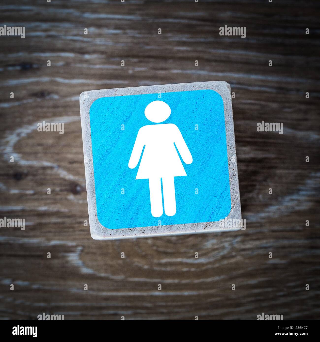 A ladies or women’s toilet sign, symbol or icon on a wooden block and wooden background with copy space - Smartphone Captured Stock Image