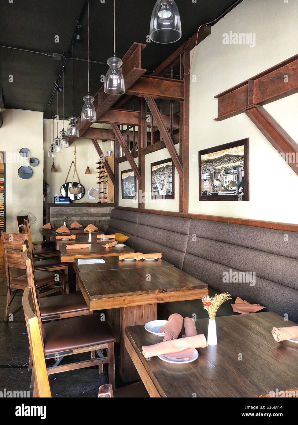 Empty restaurant during shutdown in Oakland, California. - Smartphone Captured Stock Image
