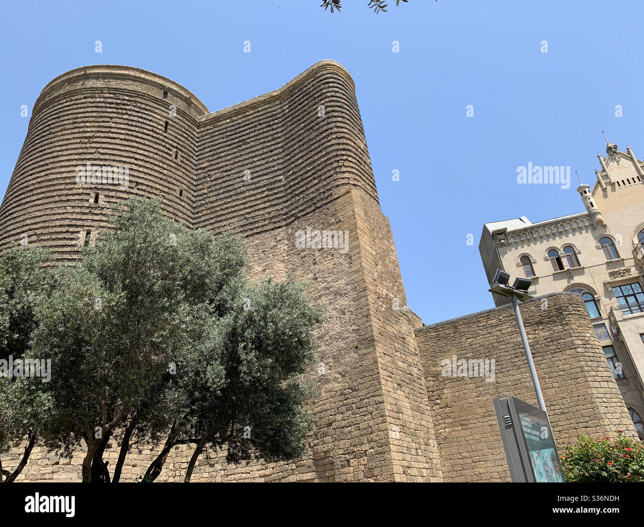 Maiden Tower or also know as Qiz Qalasi located in Baku, Azerbaijan. It is a 12th century monument in the Old City. Stock Photo