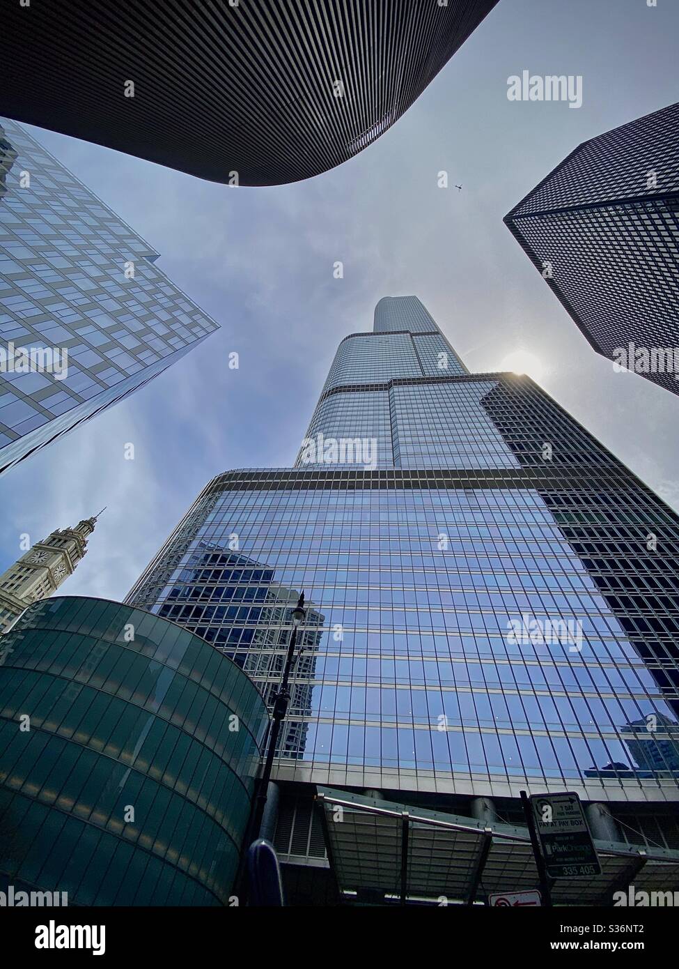 Low wide angle view of skyscrapers. Shot from below looking up. Stock Photo