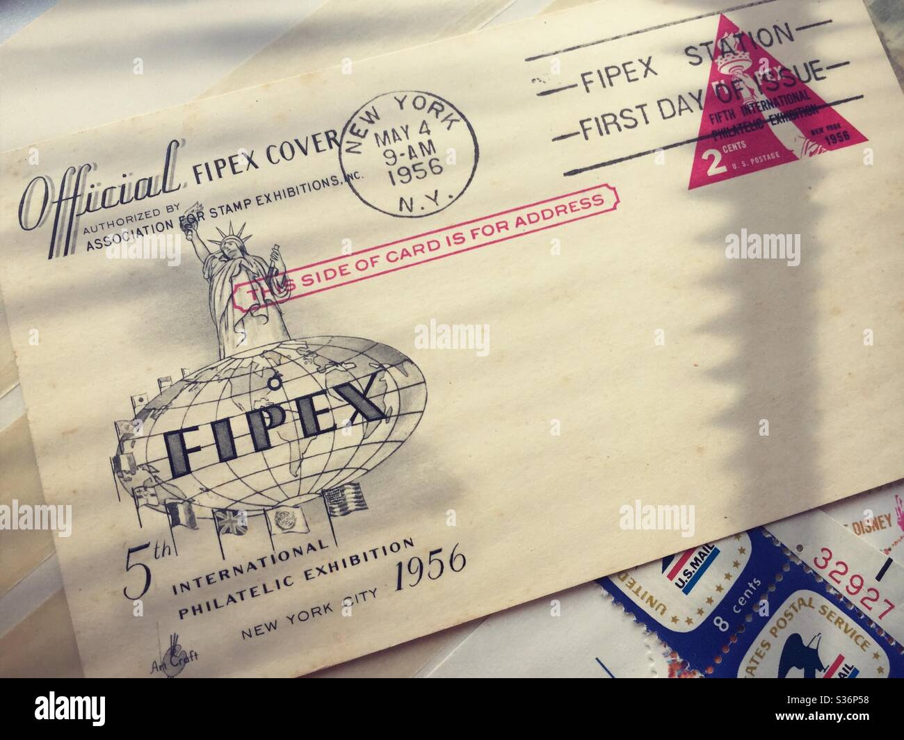 Official first day of issue envelope and a stamp collection, 1956, USA Stock Photo