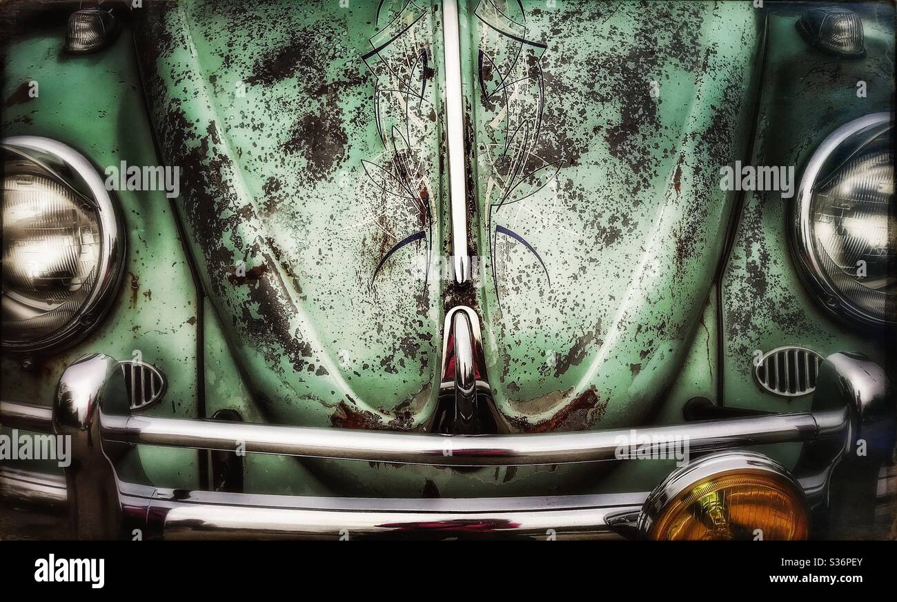 Pale green vintage VW Beetle hood and headlights Stock Photo