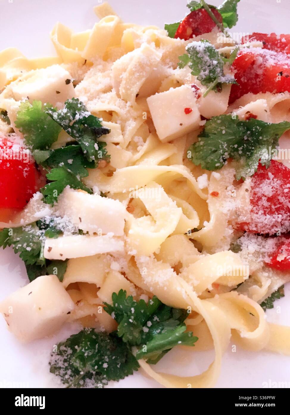 Close up of an Italian dish of pasta Primavera made with fettuccine and fresh tomatoes - Smartphone Captured Stock Image