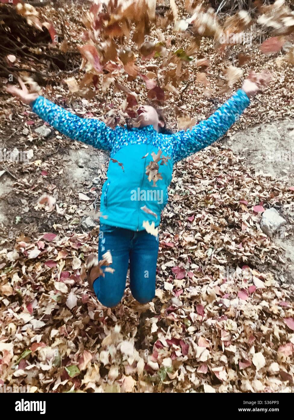 A young girl jumps and throws a pile of fall leaves into the air. Stock Photo