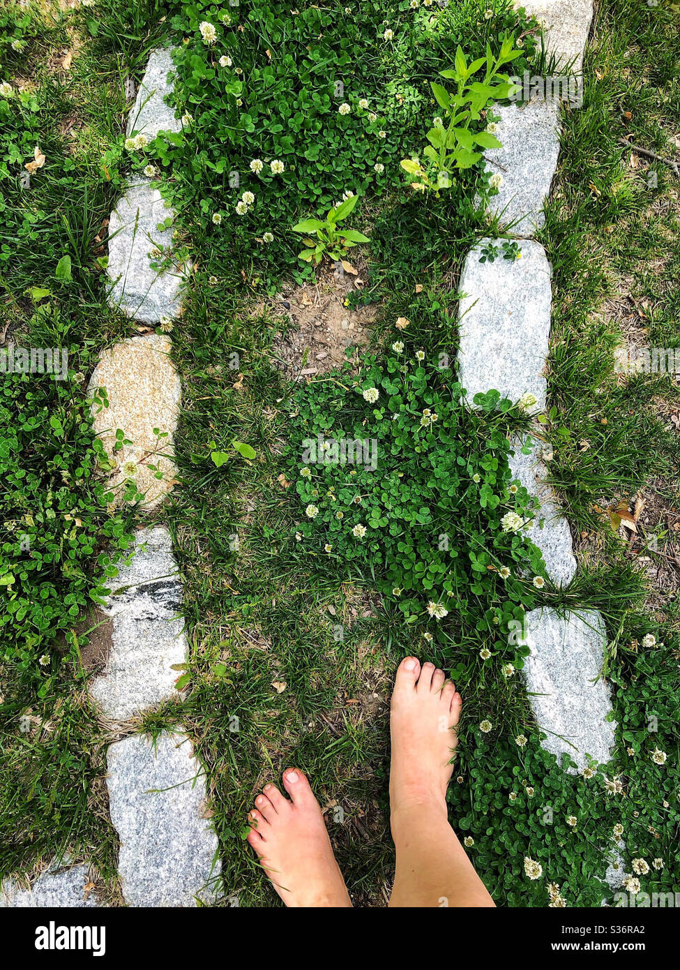 Woman walking maze or walking labyrinth in summer Stock Photo