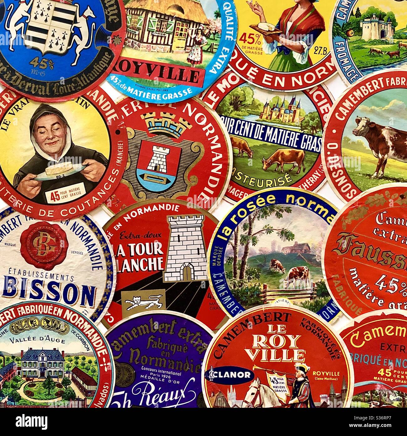 Attractive collection of French camembert cheese labels. Stock Photo