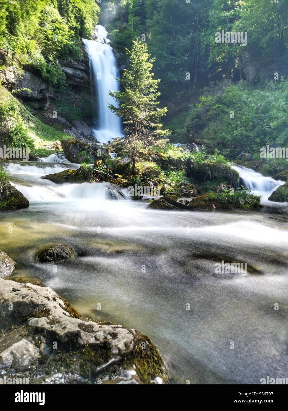 Long exposure of Giessbach waterfall, Bern, Switzerland - Smartphone Captured Stock Image
