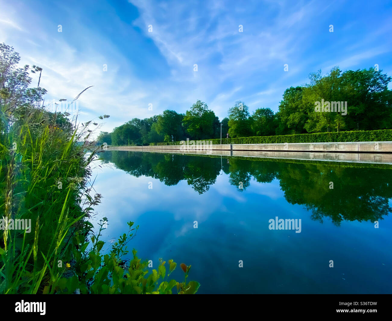 Clear blue sky reflected in the water between the lush green grass and trees - Smartphone Captured Stock Image
