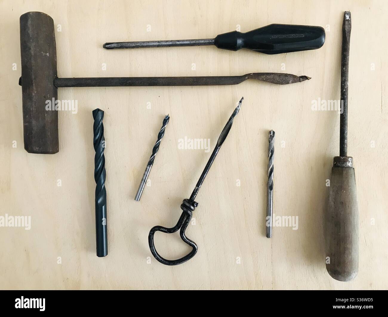 Collage of Screwdrivers, Drill Bits, Corkscrew and Auger Stock Photo