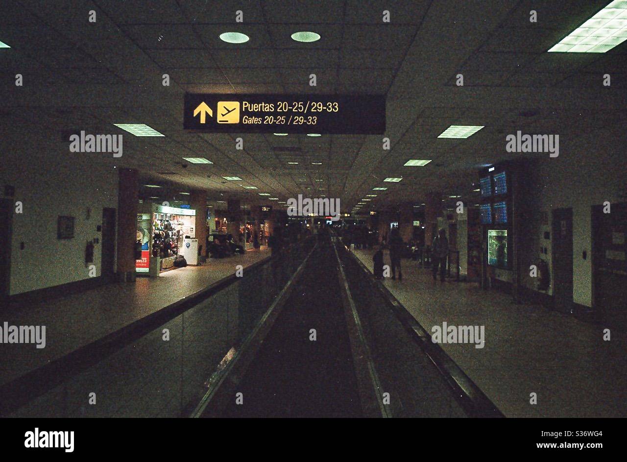 Lima airport and neon signs, shot on film, Kodak 400, canon FTB Stock Photo