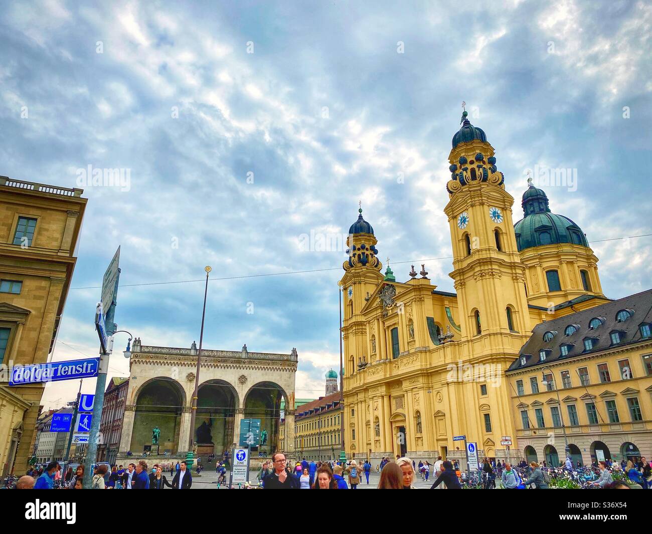 Famous Munich square Odeonsplatz with yellow Theatine Church. - Smartphone Captured Stock Image